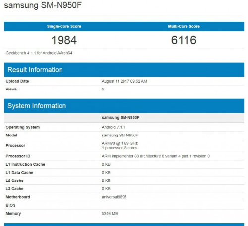 Các thông số quan trọng Galaxy Note 8 rò rỉ trên Geekbench.