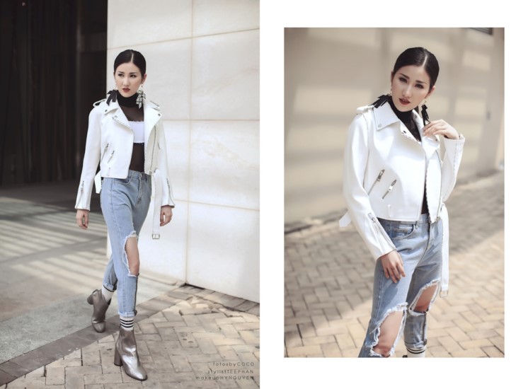Bảo Như cực cá tính với quần jeans rách kết hợp cùng áo thun cao cổ và áo khoác da khoe dáng chuẩn, eo thon.