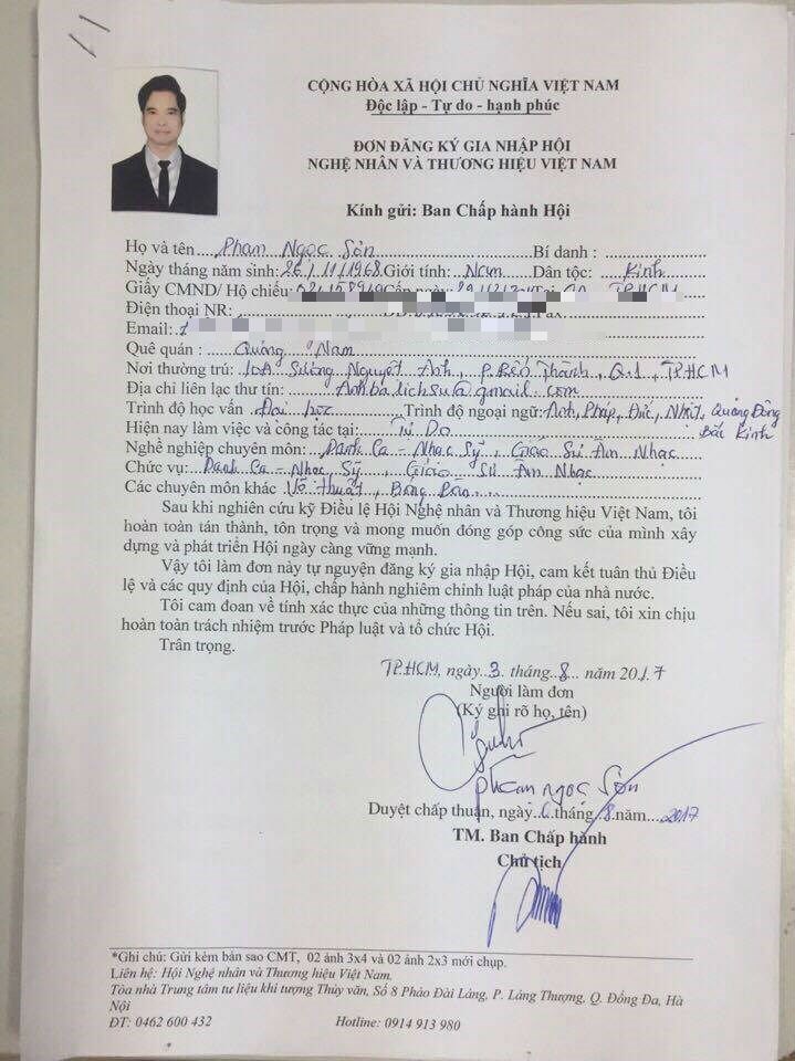 Đơn của ca sĩ Ngọc Sơn xin gia nhập hội. 