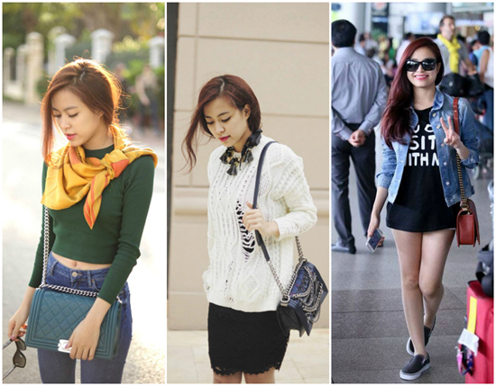 Hoàng Thuỳ Linh, Vĩnh Thuỵ, làng sao Thương hiệu ưa thích thứ hai của Hoàng Thuỳ Linh là Chanel. Mẫu túi Channel boy (trái) gam xanh có giá khoảng 80 triệu đồng.