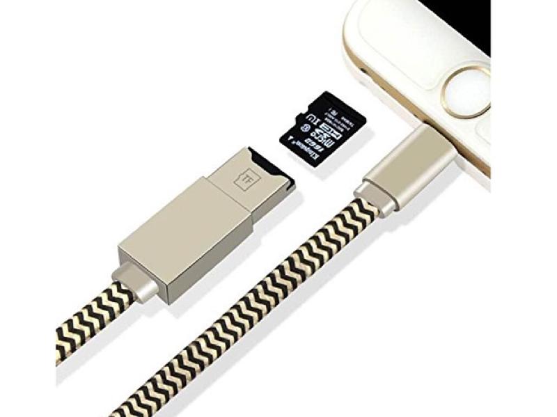 iPhone micro SD card reader (20 USD, 460.000 đồng): là chiếc đầu đọc thẻ nhớ microSD tiện dụng được tích hợp trong một cáp sạc của iPhone. Đâu là cách khá rẻ và đơn giản để thêm dung lượng lưu trữ cho iPhone hoặc iPad của bạn.