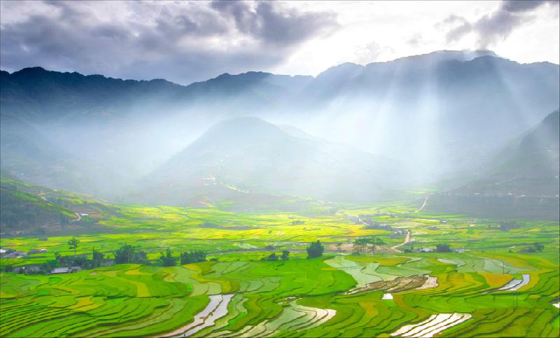 Tại Tú Lệ, Yên Bái, khoảnh khắc sau cơn mưa chiều trên thung lũng Cao Phạ, những tia nắng cuối ngày hiện ra với sương giăng ôm núi. Cả thung lũng với những thảm lúa chìm trong tia nắng cuối ngày. Ảnh: Nguyễn Anh Tuấn.