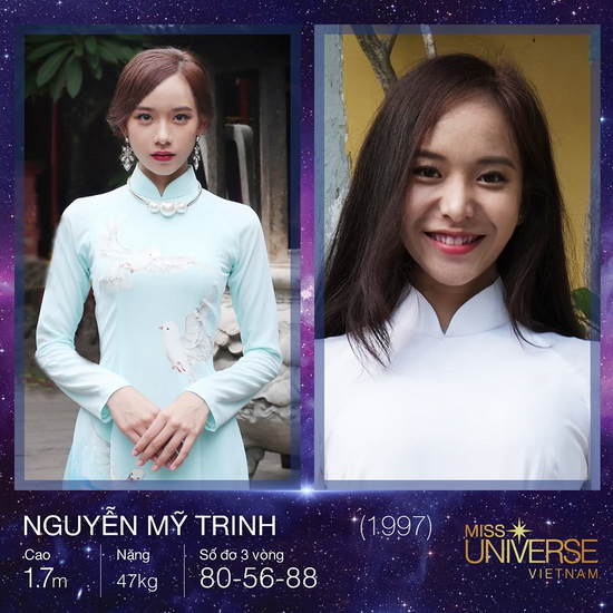 Nguyễn Mỹ Trinh, cao 1m70, với số đo 80-56-88 sinh ra và lớn lên ở Vĩnh Long trong một gia đình thuần nông. Năm nay cô vừa tròn 20 tuổi và hiện đang là sinh viên năm 2 khoa Giáo dục học trường Đại học Khoa học Xã hội và Nhân văn TP.HCM.