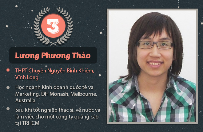 Lương Phương Thảo, cựu học sinh trường THPT chuyên Nguyễn Bỉnh Khiêm, Vĩnh Long, là quán quân năm thứ ba. Thảo theo học ngành Kinh doanh Quốc tế và Marketing thuộc ĐH Monash, thành phố Melbourne, Australia. Sau khi tốt nghiệp thạc sĩ, Phương Thảo về nước làm việc cho một công ty quảng cáo tại TP.HCM.