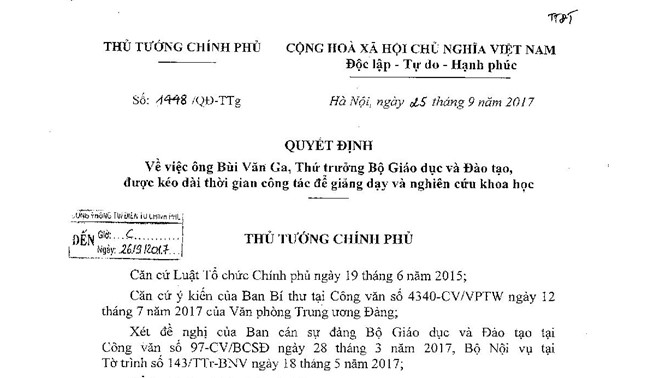 Kéo dài thời gian công tác của Thứ trưởng Bùi Văn Ga
