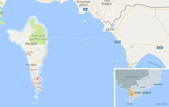 Thị trấn An Thới (màu đỏ) ở Phú Quốc. Ảnh: Google Maps.