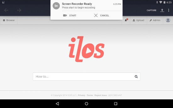 ilos Screen Recorder là ứng dụng miễn phí, không yêu cầu root, không có quảng cáo và thậm chí là không giới hạn thời gian quay video màn hình. Ngay khi kích hoạt lần đầu, ilos Screen Recorder sẽ nhắc nhở bạn đăng ký hoặc đăng nhập, nhưng bạn có thể bỏ qua và nhấn vào nút Record lớn ở giữa để bắt đầu. Một bảng thông báo cũng sẽ được bật lên và nhấn 