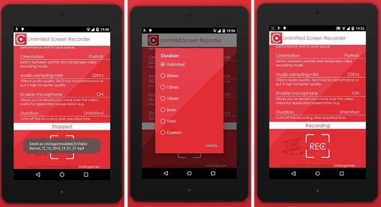 Đúng như tên gọi của ứng dụng, Unlimited Screen Recorder cho phép quay video màn hình không giới hạn thời gian. Giống như hầu hết các ứng dụng trong danh sách này, Unlimited Screen Recorder yêu cầu thiết bị chạy Android Lollipop trở lên, hỗ trợ ghi lại âm thanh và lưu video quay màn hình vào một thư mục riêng trên thẻ SD, nhưng bạn có thể thay đổi nó vào một thư mục khác nếu muốn. Bạn có thể tinh chỉnh các thiết lập khác nhau theo sở thích như codec video, độ phân giải …