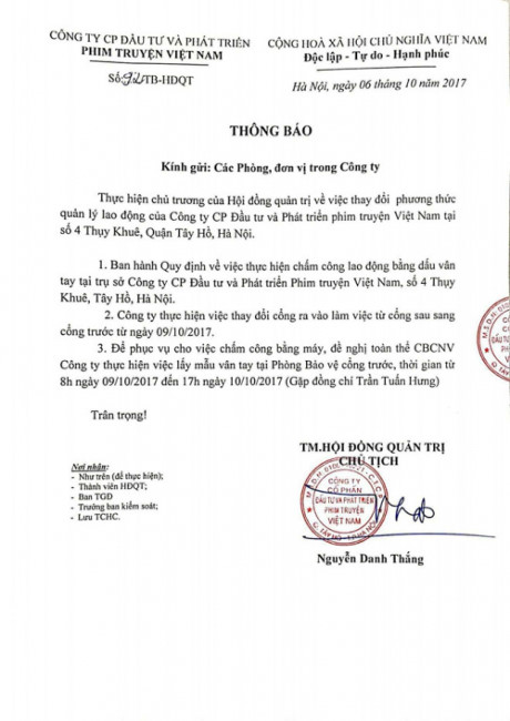 Văn bản thông báo về việc chấm công.