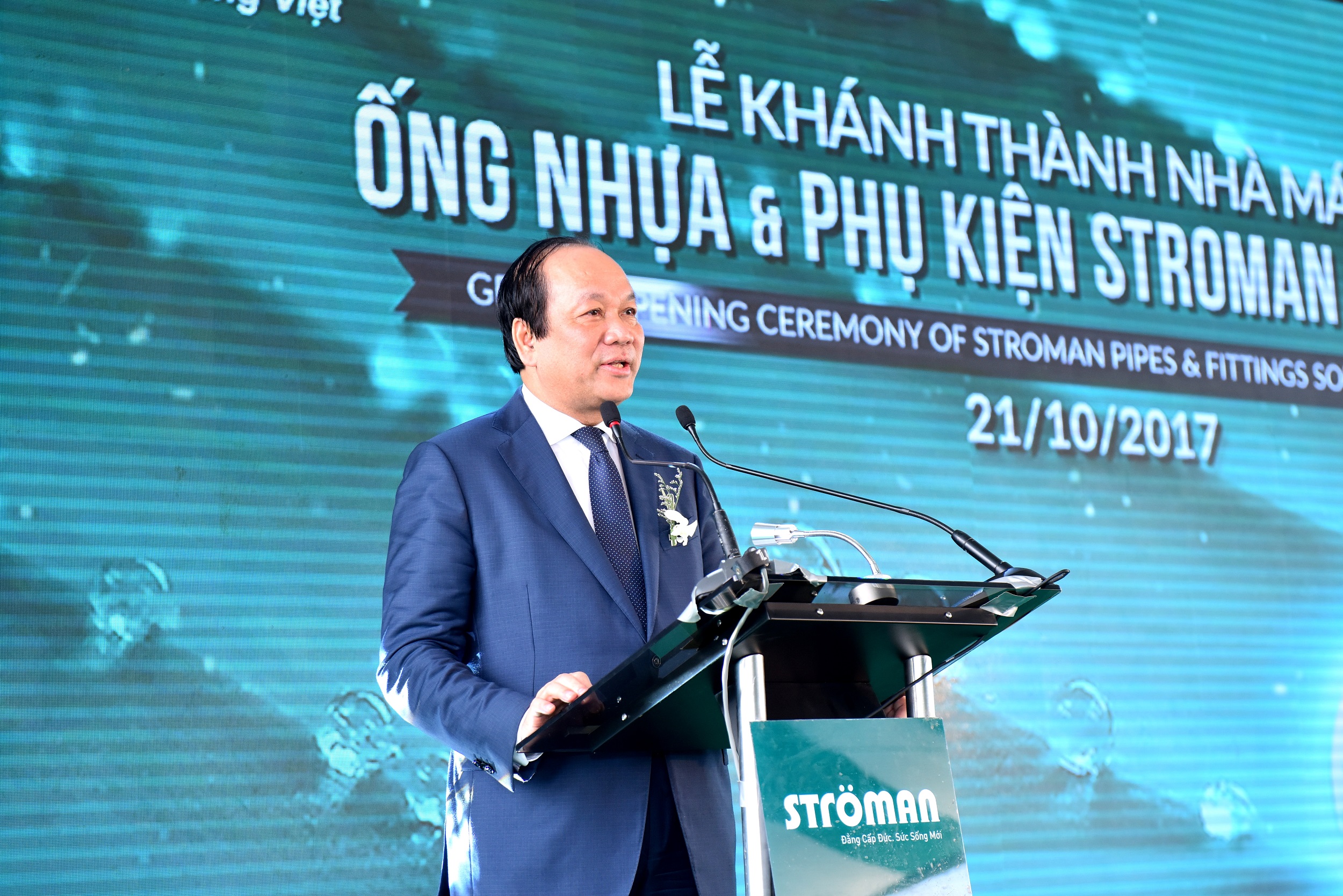 Bộ trưởng, Chủ nhiệm Văn phòng Chính phủ Mai Tiến Dũng phát biểu tại buổi lễ khánh thành Nhà máy Ống nhựa và Phụ kiện Ströman Miền Nam.