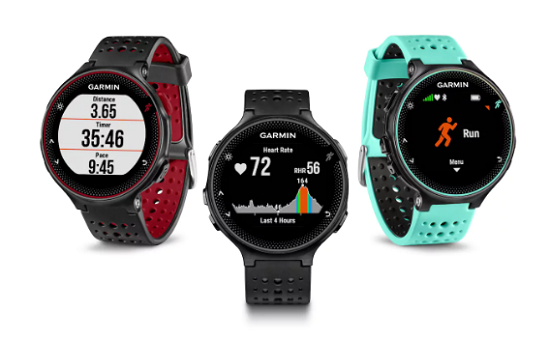 Garmin Forerunner 235 (giá khoảng 6,4 triệu đồng) là sản phẩm dành cho các bạn yêu thích thể thao như thích chạy bộ hoặc các môn vận động khác, nó có thể đếm bước, đếm khoảng cách, năng lượng tiêu thụ, vẽ bản đồ bạn đã chạy được nhờ vào GPS/GLONASS tích hợp sẵn. Điều đặc biệt nữa là Forerunner 235 hiện rất tốt các thông báo của điện thoại, từ tin nhắn Facebook, iMessage, Skype, đến đọc tiêu đề email. Forerunner 235 vẫn sử dụng dây cao su mềm, êm, mặt đồng hồ đường kính 45mm, màn hình luôn luôn sáng để hiện thông tin, pin dùng được khoảng 9 ngày theo quảng cáo, và nếu dùng để track GPS thì sẽ hoạt động được 9 tiếng liên tục. Forerunner 235 sử dụng kẹp sạc tiếp xúc, đồng hồ chống nước và có thể mang đi bơi, đi tắm thoải mái.