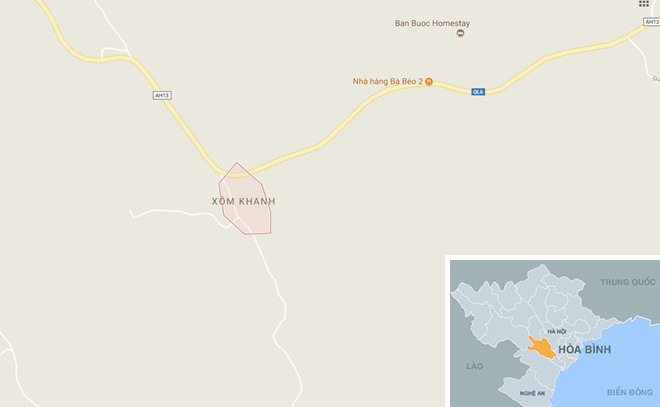 Xóm Khanh thuộc huyện Tân Lạc, Hòa Bình (chấm đỏ), nơi xảy ra vụ sạt lở đất nghiêm trọng.Ảnh: 