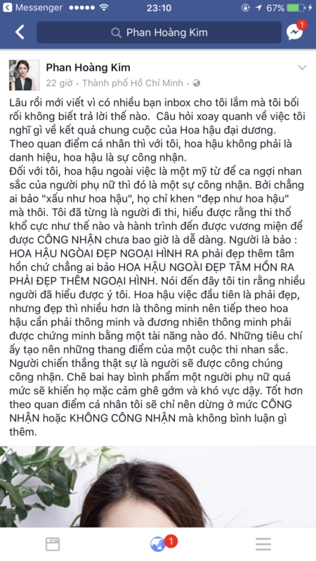 Trang cá nhân của Hoa hậu Hoàng Kim nêu quan điểm của cô về cái đẹp của một hoa hậu