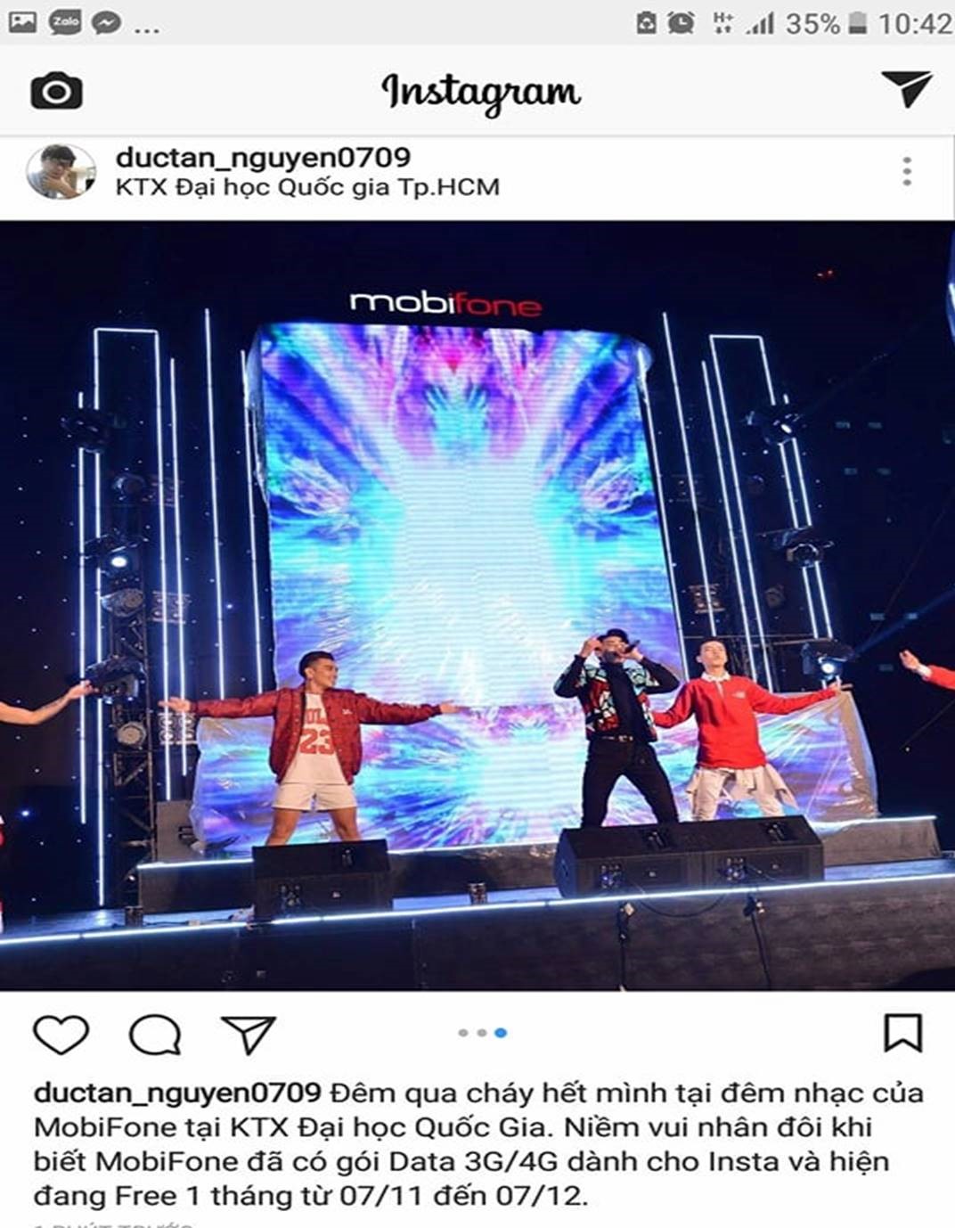 Một bạn sinh viên hào hứng chia sẻ luôn hình ảnh đêm diễn kèm chú thích về gói cước Instagram đang khuyến mãi của MobiFone cho bạn bè