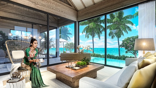Hội tụ tất cả vẻ đẹp của mây trời, biển cả nơi đảo Ngọc, áo dài của Đỗ Trịnh Hoài Nam hòa quyện trong bối cảnh sang trọng, xa hoa nhưng vẫn đậm nét truyền thống bản địa của những biệt  thự  “ngôi làng biển”. Bức ảnh phối cảnh 3D đã tôn vinh rõ nét đẹp này.