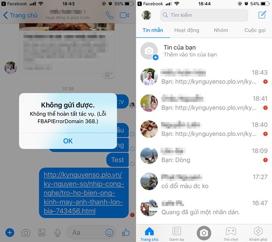 Thông báo lỗi xuất hiện khi bạn gửi tin nhắn hoặc liên kết cho bạn bè. Ảnh: TIỂU MINH