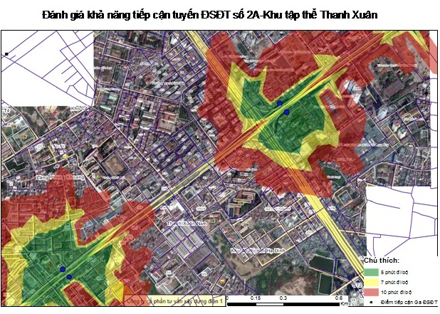 Hình 3.      KTT Thanh Xuân (Bắc và Nam) nằm ngoài phạm vi hiệu quả của tuyến số 2A