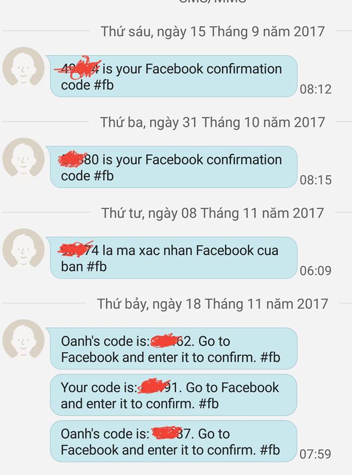 Facebook liên tục gửi mã xác nhận về tài khoản người dùng dù họ không hề đăng nhập (Ảnh chụp màn hình)