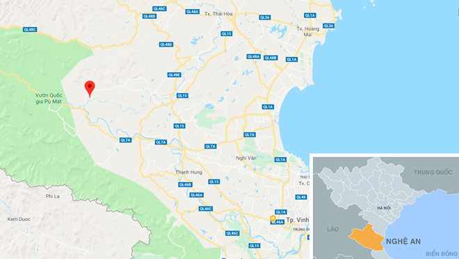 Xã Thành Sơn (huyện Anh Sơn) nơi có cây gạo có hàng chục đàn ong về làm tổ (dấu chấm đỏ). Ảnh: 